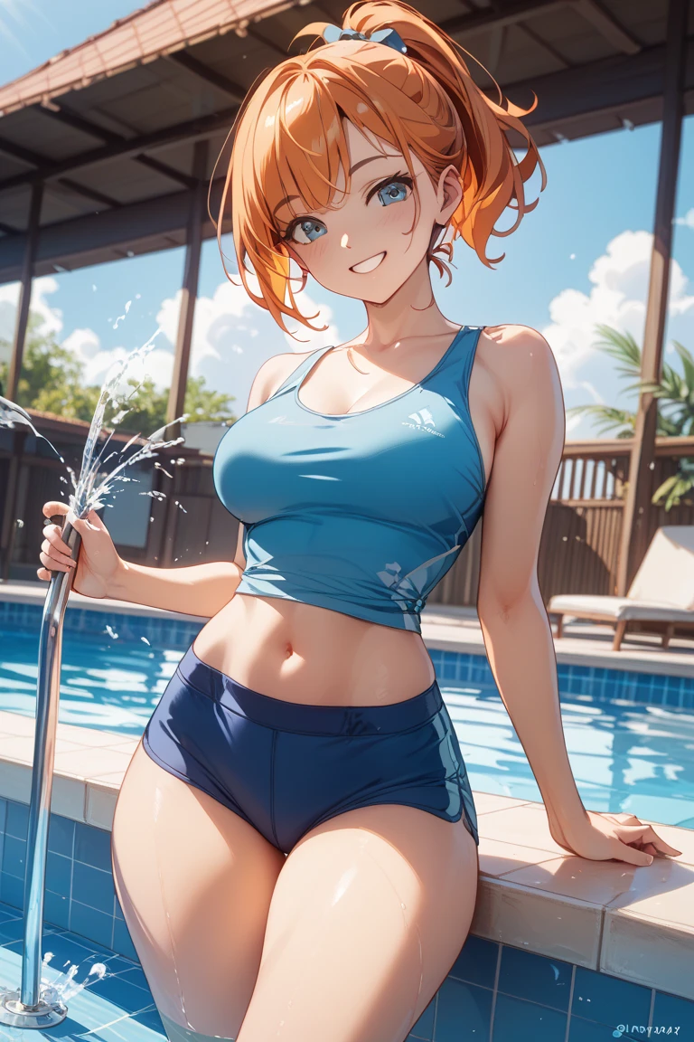 (masterpiece, highest quality:1.2), bazett, FGO, One girl, alone, short hair, Redhead, bangs, Red eyes、blush、smile、Normal beautiful breasts, Earrings, (camisole:1.3、hot pants:1.3)、garden、(Watering with a hose、It's wet with water)、(Backwards、look back)