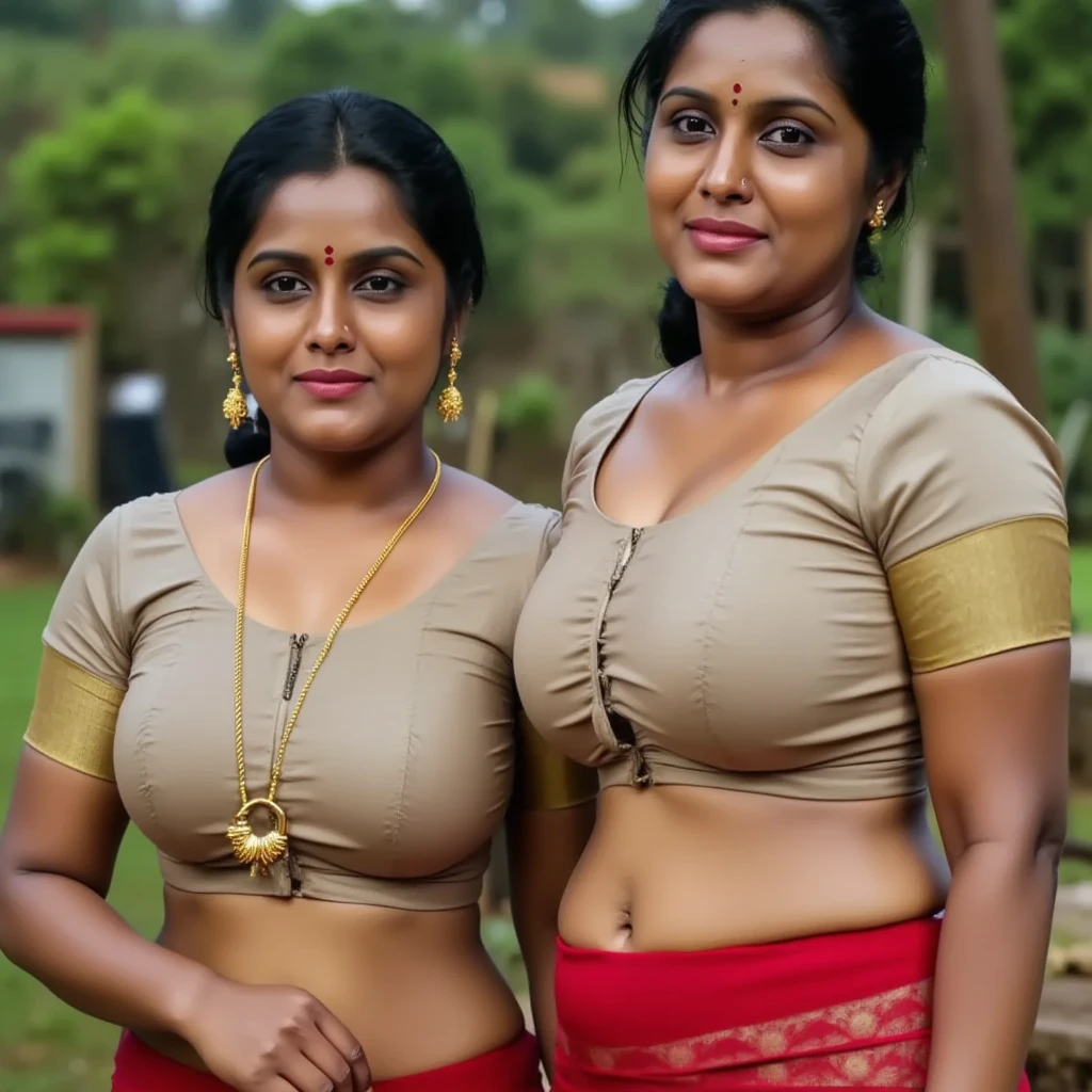 side by side photo of a mallu village woman ,(island:1.3), blouse and underskirt, fair skin,tall, big ass, seductive, detailed cute face, full lips, smiling, studio lighting, hyper realistic