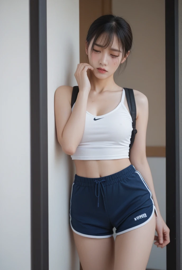Highly detailed CG Unity 8K wallpaper, highest quality, Super detailed, masterpiece, realistic, photo realistic, Highly detailed cute girl, 25 years old, (wearing a track and field uniform), (lace bib), blush , abs, half body shot , locker room , butt shot