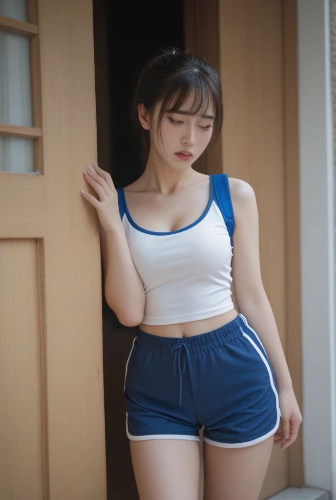 (best quality:1.4), (ultra highres:1.2), (photorealistic:1.4), (8k, RAW photo:1.2), (1girl) ,(hair with single bun ), (wearing white tank top and blue Binding Shorts:1.3), (beautiful leg:1.1) <lora:koreanDollLikeness_v10:0.3> , <lora:BindingShortsV1:0.8>