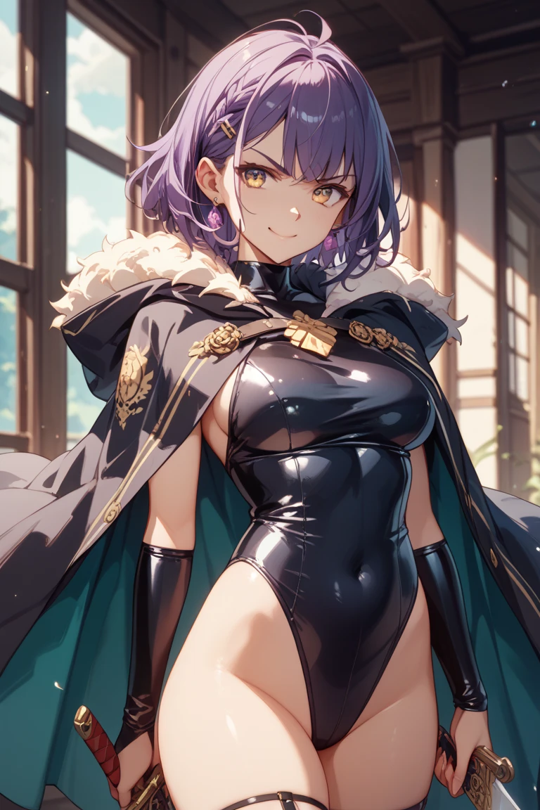 1girl, solo, ((dark skin)), purple hair, bangs, hair over one eye, medium short hair, medium breasts, pointy ears, sharp eyes, gold eyes, serious face, leotard, navel line, ((highleg leotard)), coat, Bow and arrow, face close up,