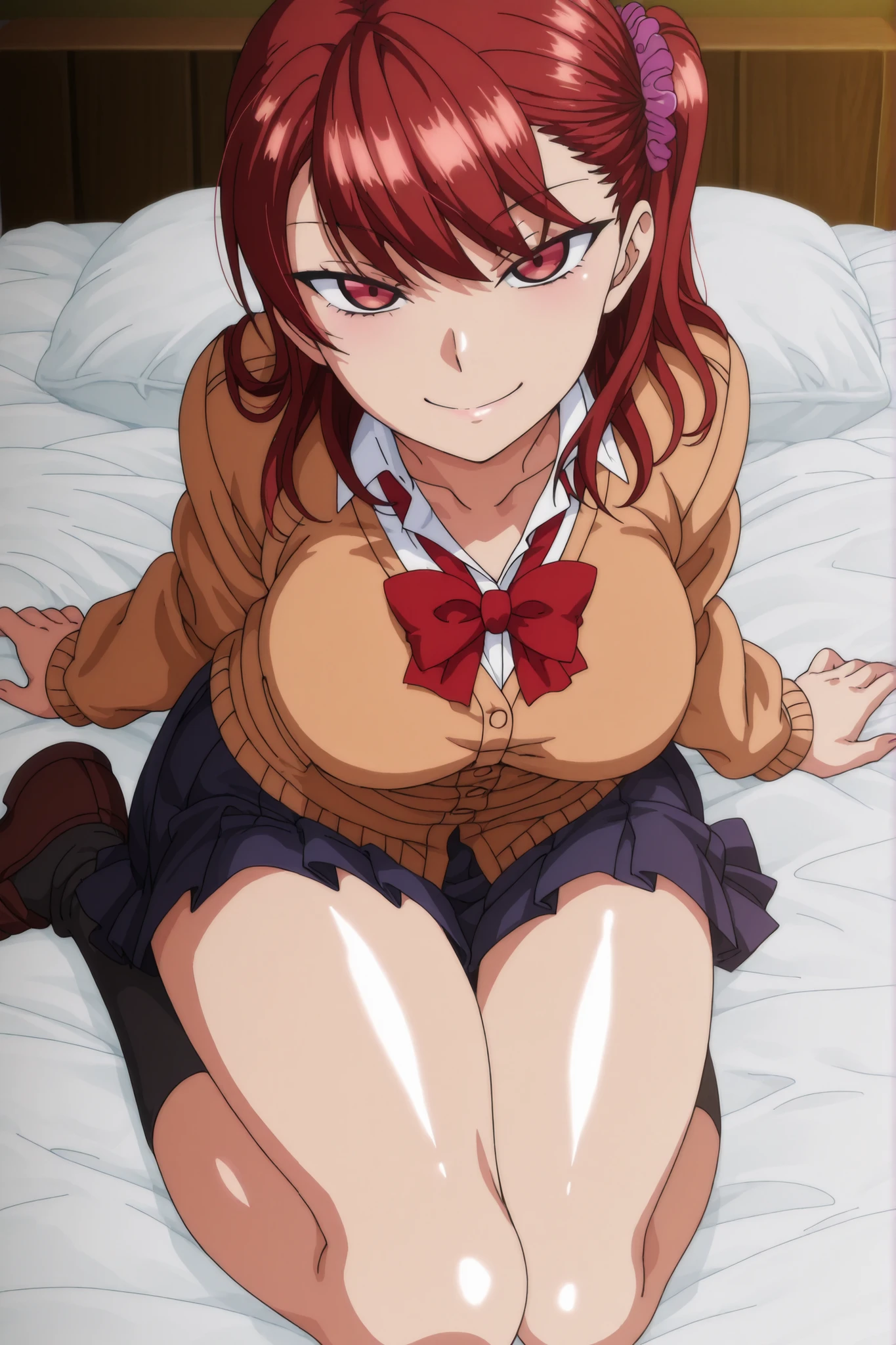 izumi nogami,1girl, red hair, one side up, medium hair, scrunchie, red eyes, mature female, breasts, anime screencap
skirt, school uniform, pleated skirt, shoes, socks, cardigan, brown cardigan,lie down on bed,anime coloring, shiny skin, look at viewer, smile,