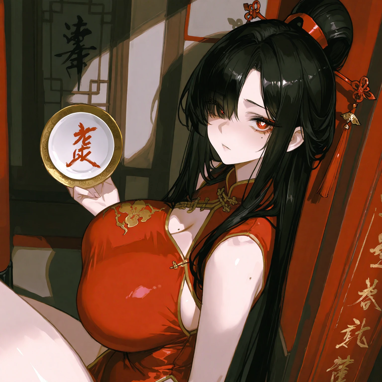 A mature woman,Long black hair,Bangs,White skirt,Chinese style,high quality,Beautifully,masterpiece
