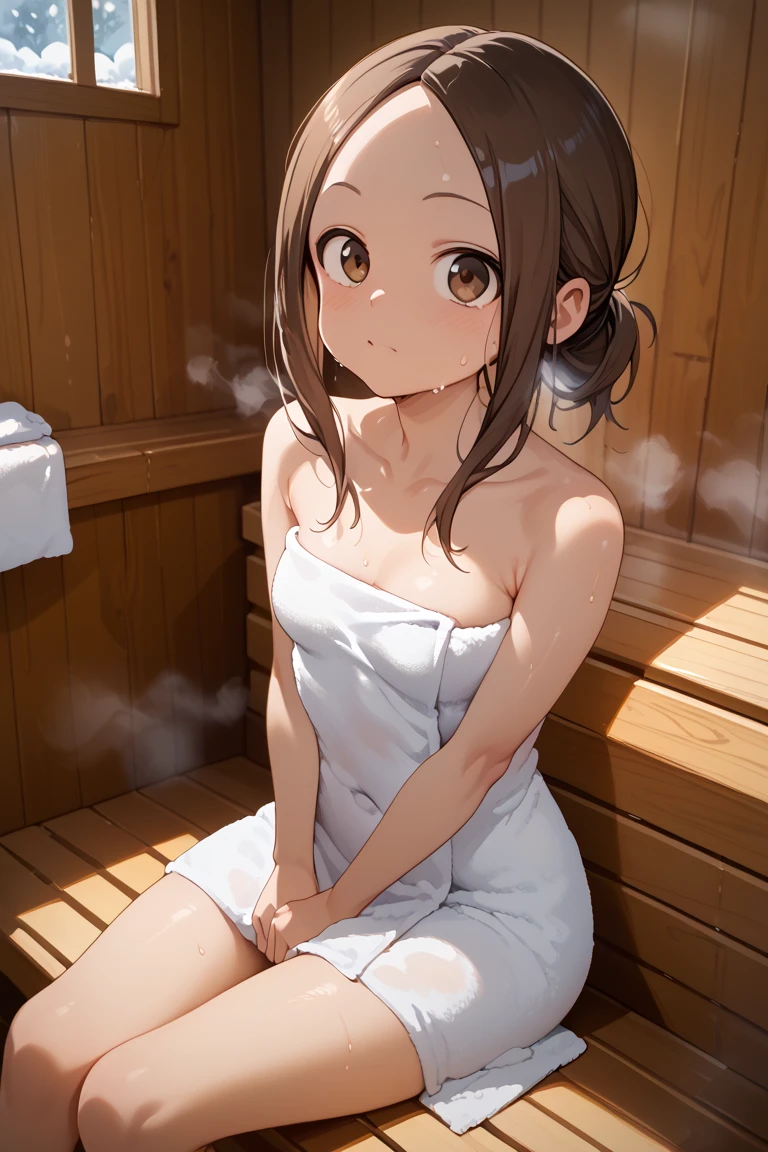 in 8K、top-quality、​masterpiece、ultra-detailliert、Ultra-high resolution、((two individuals))、2 girls、brown haired、poneyTail、((((Sauna room))))、((perspiring))、Red face、Wrap a bath towel around your body、((steams))、Flirting、hug from behind
