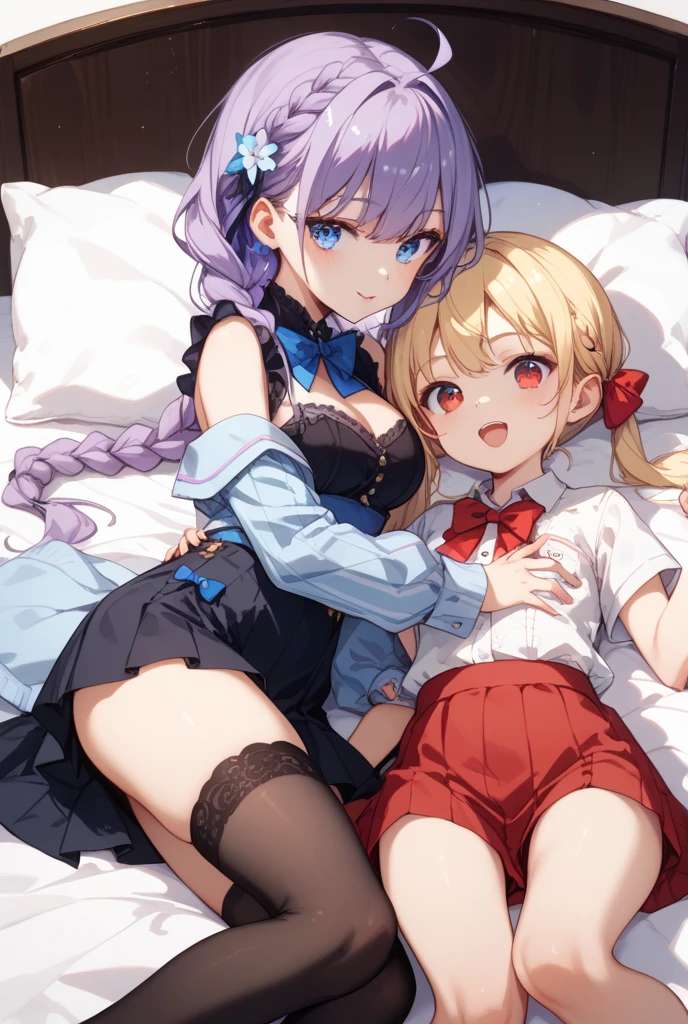 NSFW,((1 male and 2 females,having sex)),lying down,penis,ffm threesome,breasts squeezed together,vaginal penis,beautiful eyes,hair above one eye,purple eyes,twin tails,,Bare breasts,Smile with open mouth,masterpiece, top-quality, Hi-Res, Celia Clare, white capelet, beret,bed