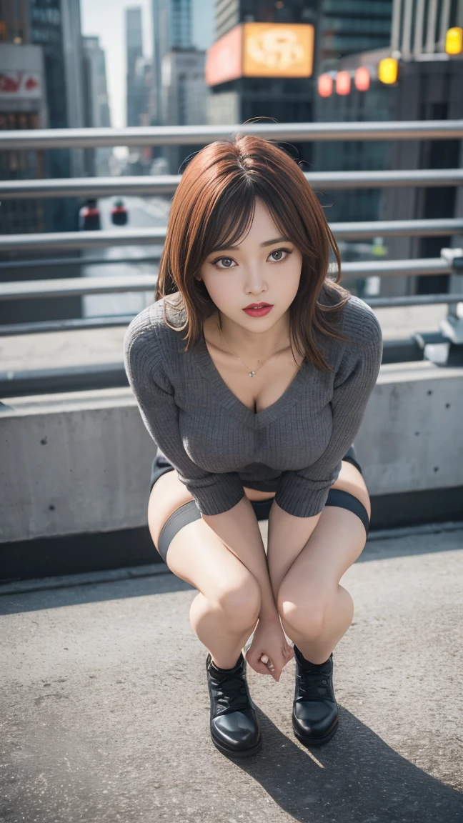 8K, Best Quality, masutepiece:1.2), (Photorealistic:1.4), Raw photo, Best Quality, 超A high resolution　a beauty girl　off-shoulder knit　Leather skirt　Beautiful butt　　cleavage of the breast　Thin eyebrows　Female Panther Pose　Chest chiller　all-fours
