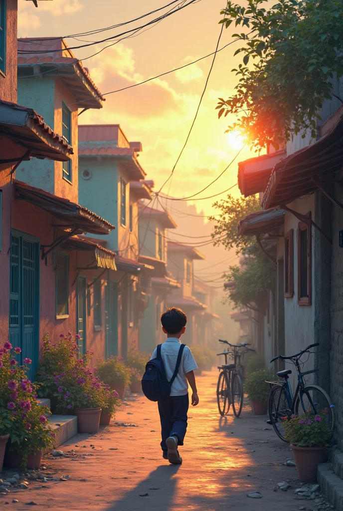 Image size (1536×848) a boy on the street of village in night