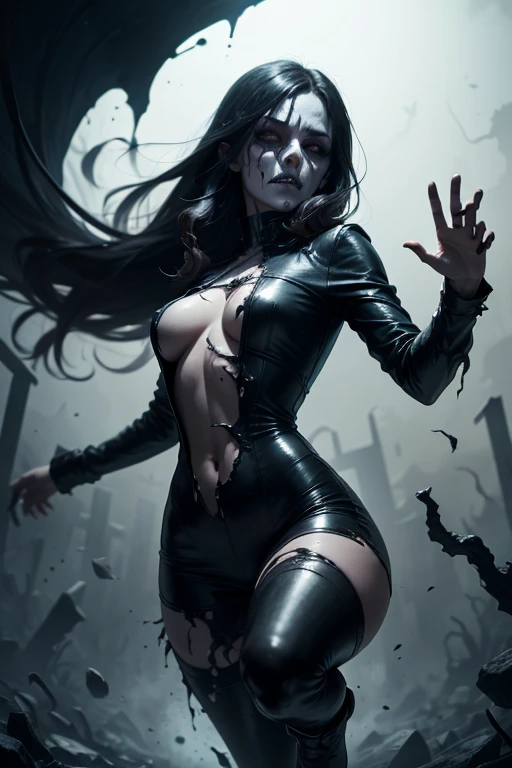 bs, solo, simple background, monochrome, upper body, greyscale, bodysuit, black background, 1other, monster, arms at sides, horror (theme) there is a large-breasted woman in the picture with her arms torn off and her face bleeding, ravens flying in the background, stocking, hot lingerie, big boobies, red paint splatted on it