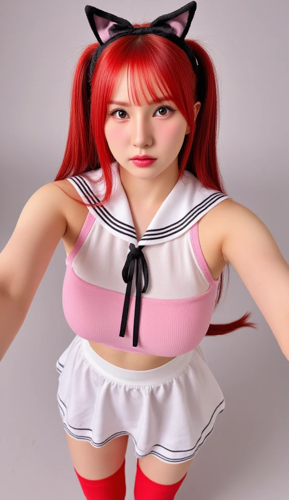 a girl with red hair, white gym suit, navy blue bloomers, beautiful woman with high ponytail, pink hair ribbon, blunt bangs, beautiful detailed eyes, red eyes, low leg bloomers, bathroom interior, (best quality,4k,8k,highres,masterpiece:1.2),ultra-detailed,(realistic,photorealistic,photo-realistic:1.37),vivid colors,studio lighting,sharp focus
