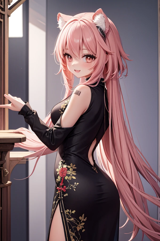 (masterpiece), (best quality:1.5), (highres),  1girl, solo, pink hair, hair ornament, Animal ears, jewelry Earring, blue eyes, black dress, standing upper body, indoor, simpel blackground,