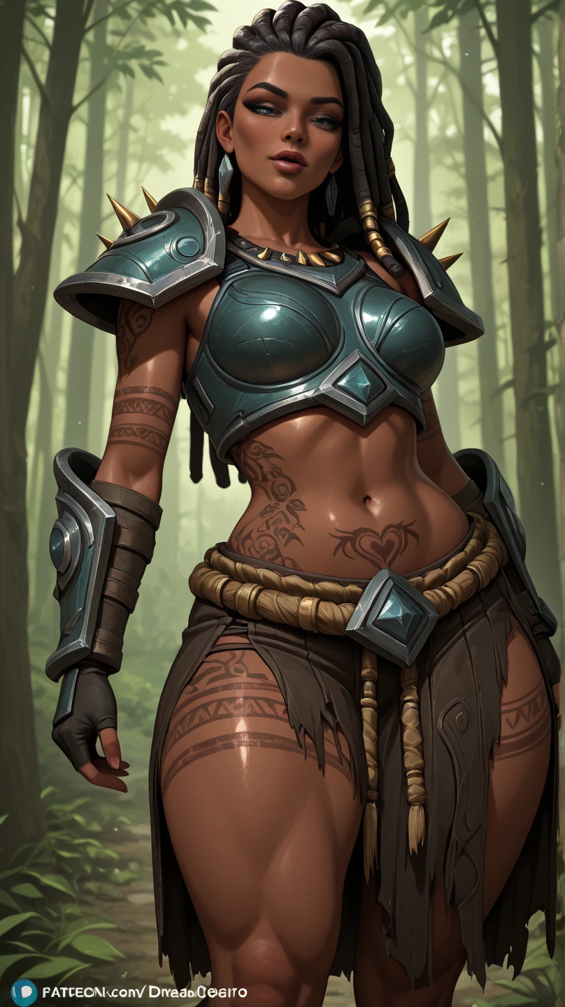 gigi hadid's face, ((black short hair, snappy bangs)), (((black skin, dark skin))), ((dark elf)), (glowing blue eyes), ((extra long hair)), detailed face, ((slender figure, thin waist)), ((muscular body and abs)), (wide hips), (((wide hips))), (((huge breast))), ((elf ears)), ((giant girl, 4 meters)) she looks giant in the garden, (Paw pose), standing in the garden, wearing a revealing and slutty rogue leather outfit, she is holding a bow and an Arrow Quiver on her back, smilling like a slut,