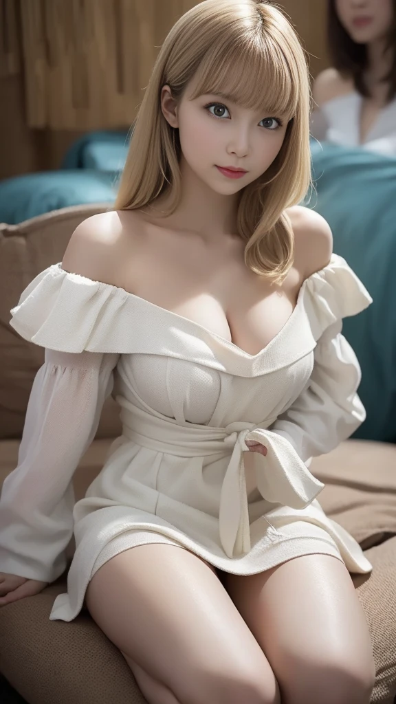 40k, photography, masterpiece, best quality, (1girl blue eyes and blonde hair soon curly), medium ass full breasts until waiting wearinini skirt swinging sexy round: 1.3), (white open neckline shirt: 1.3),