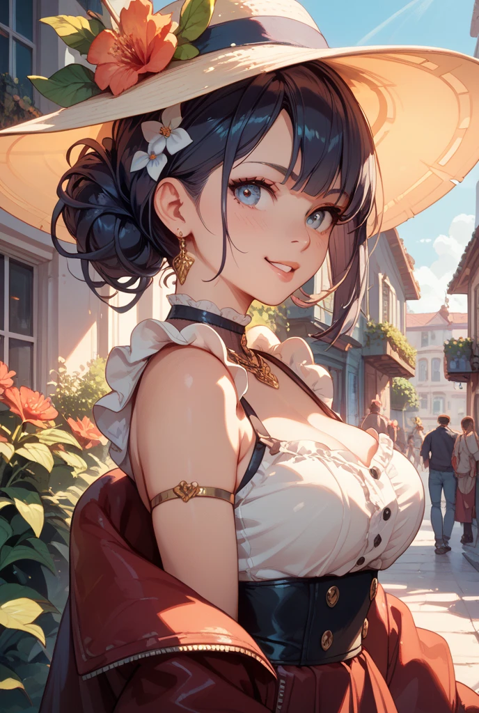 1lady solo, (strolling through city), (stylish outfit) (refreshing attire), mature female, /(light brown hair/) bangs, kind smile, (masterpiece best quality:1.2) delicate illustration ultra-detailed, large breasts BREAK (holding designer's bag) BREAK (populous downtown) outdoors, noon, crowded, detailed background