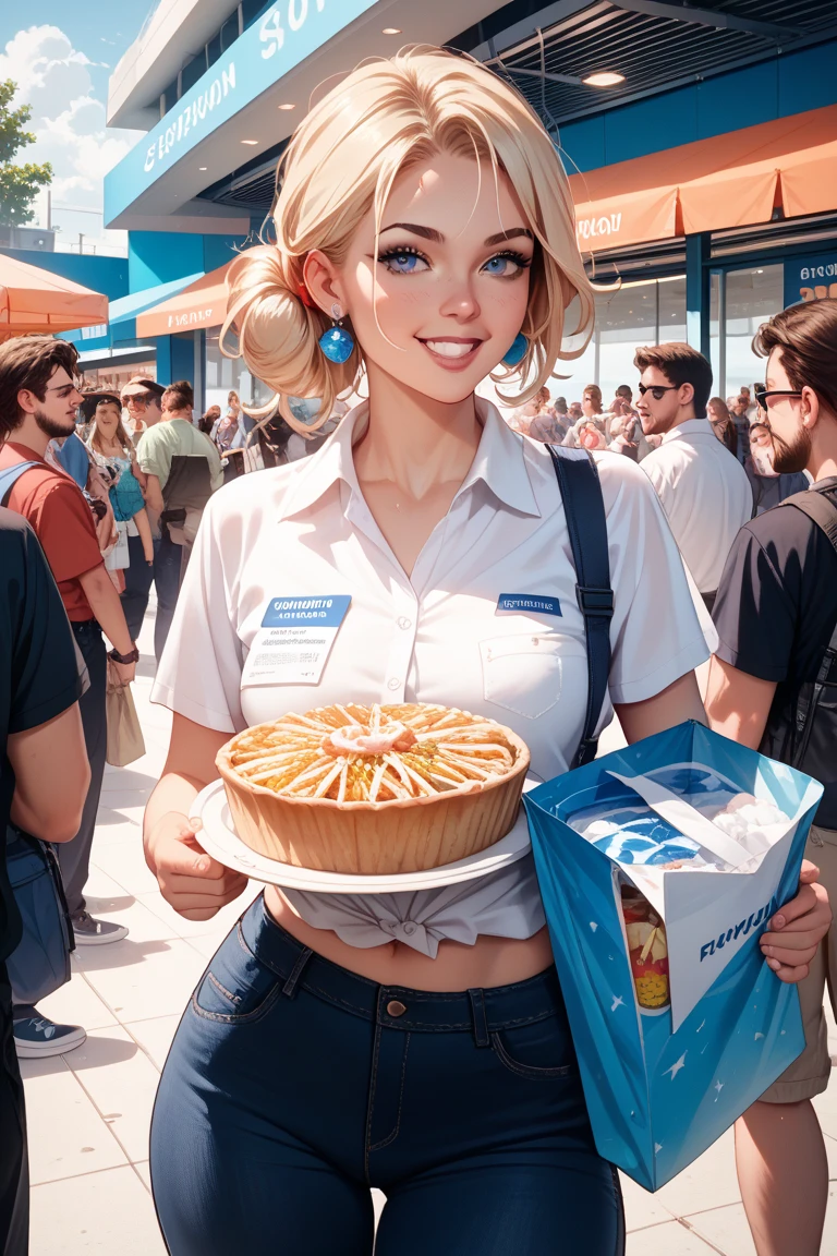 (Characters: Girl1, Girl2), Girl1: (Blonde Hair), Ponytail, Blue Eyes, Very Large Breasts, Blue Skirt, Blue Halter Top, Girl2: (Dark Brown Hair), Long Hair, Blue Eyes, Very Large Breasts, White Pants, Pink Off Shoulder Top, in outdoor Market, Taking a Selfie, (Smiling)