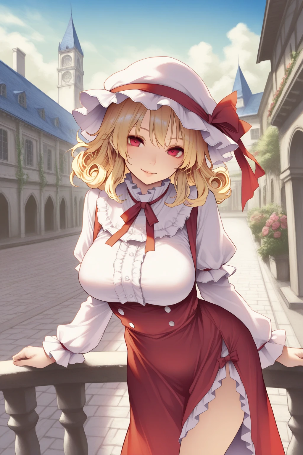 fluffy hair, a blond, perm, bobhair, White Dress, Blue eyes, Blonde blue-eyed, White blouses, a smile, borgar, inside the house, full bodyesbian, chandeliers, long boots, A slender, huge tit, Red ribbon in hair