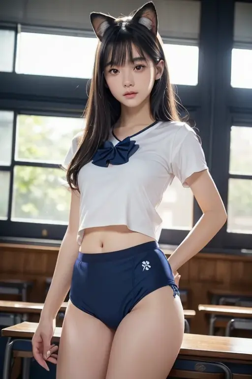 (Realistic lighting, Best quality, 8K, Masterpiece: 1.3)), Clear focus: 1.2, 1girl, Perfect beauty: 1.4, Big breasts: 1.2, Slim abs: 1.1, ((dark brown hair)), (sexy school girl outfit, thong showing), (school), day: 1.1), , Super fine face, fine eyes, Double eyelids, pigtails