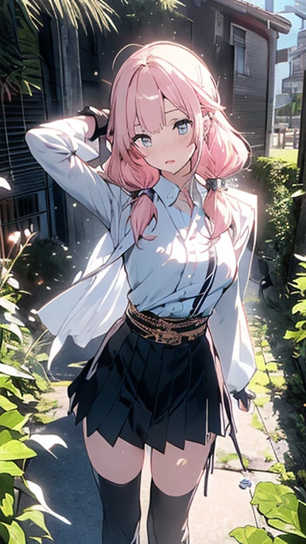 [[Anime Style]]、[[Digital Art]]、[[Wow]]、College girl in white blouse with long sleeves、[[Short Channel]]hair、[[Cherry tree]]Forest Background、Cloudy、Neutral lighting、[[Low lighting]]、The wind blows and the skirt twists, Take off your underwear、Underwear is visible、Backward view、Make your butt bigger、Looking up from the ground