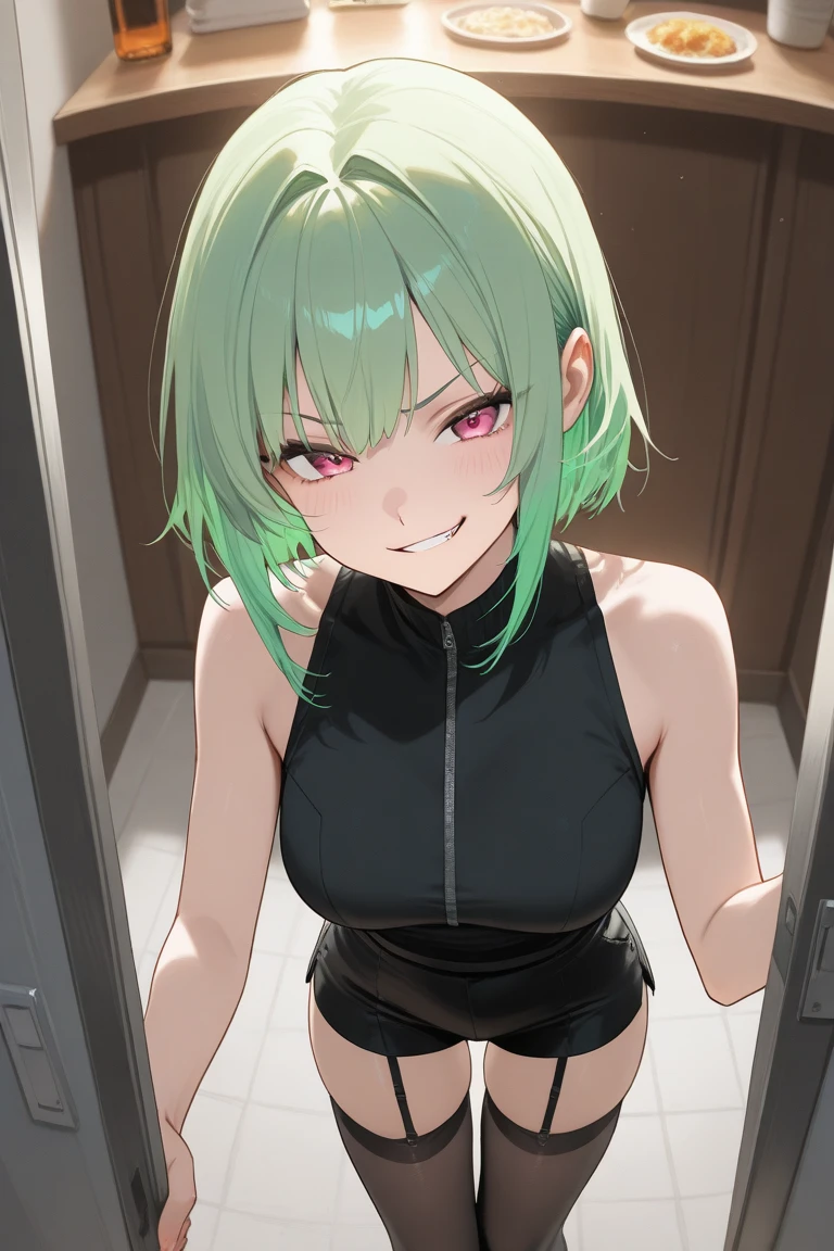 1girl, solo, short girl, dark green hair, messy hair, long hair, buns, light green eyes, beautiful eyes, small breasts, white crop top hoodie, cropped hoodie, ((unitard below clothes, bodysuit)), tech fashion, smile, grin, closed mouth, office, indoors, walking, upper body (hands behind back), looking away, simple, vector, sketch,