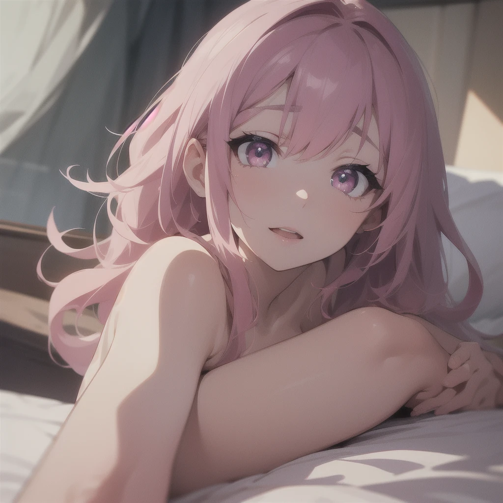 1girl, human, pale pink hair, long hair, violet eyes, XL bust, shy face, wearing white tank top, lying on a white mattress, Masterpiece, Well drawn eyes, well drawn face, well drawn hands, well drawn fingers, well detailed face