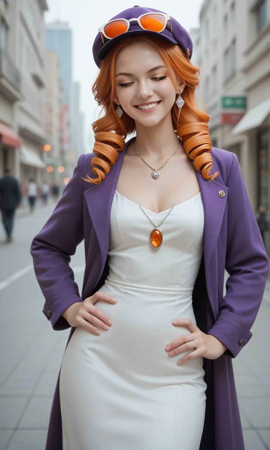 (cyberpunk)1girl (Mila Kunis), solo, yorigami jo'on, orange hair, drill hair, eyewear on head, orange eyes, jewelry, bow, white dress, purple jacket, pendant, earrings, hat, standing, hand on hip, looking at viewer, one eye closed, smirk, outdoors, city