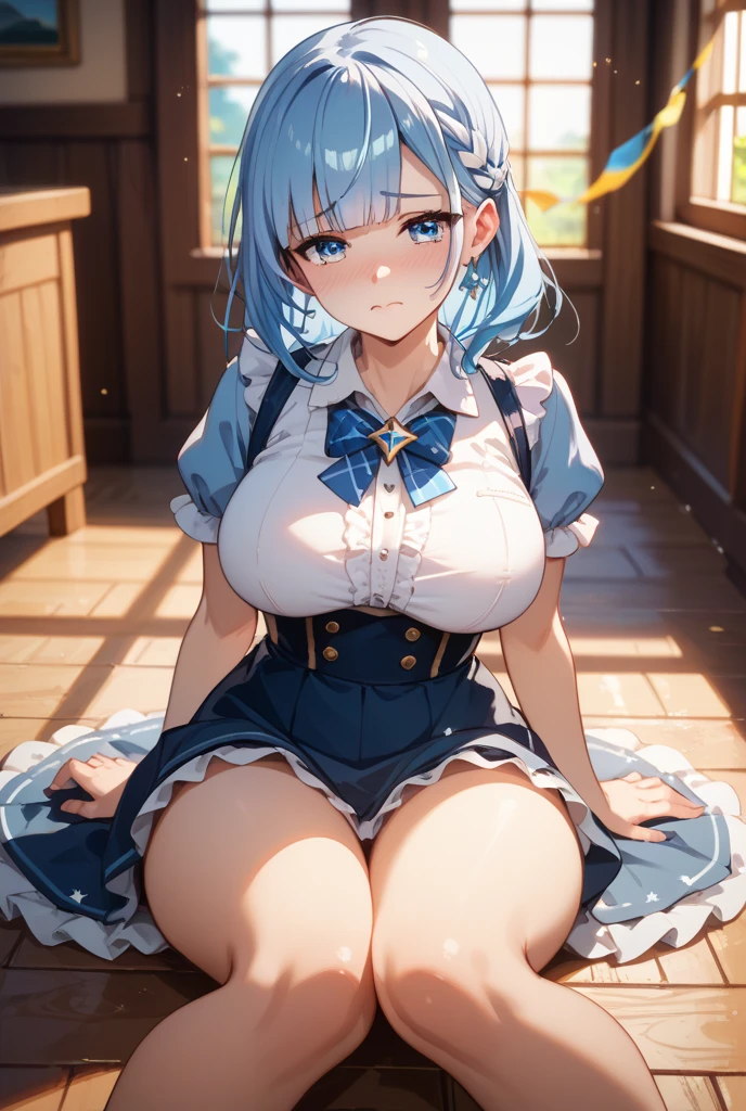 one person、low length、Young Girl、Bangs、Short Bob Hair、Headband、ribbon、Gray Hair、Blue Goth Clothes、Blue maid outfit、Sit with your legs apart、Pussy、Dripping a lot of thick white love juice、blush、Embarrassed expression、Sweat、See-through clothing、Big Breastasturbation、masturbation behavior、Striped underwear、clitoris、Transparent nipples