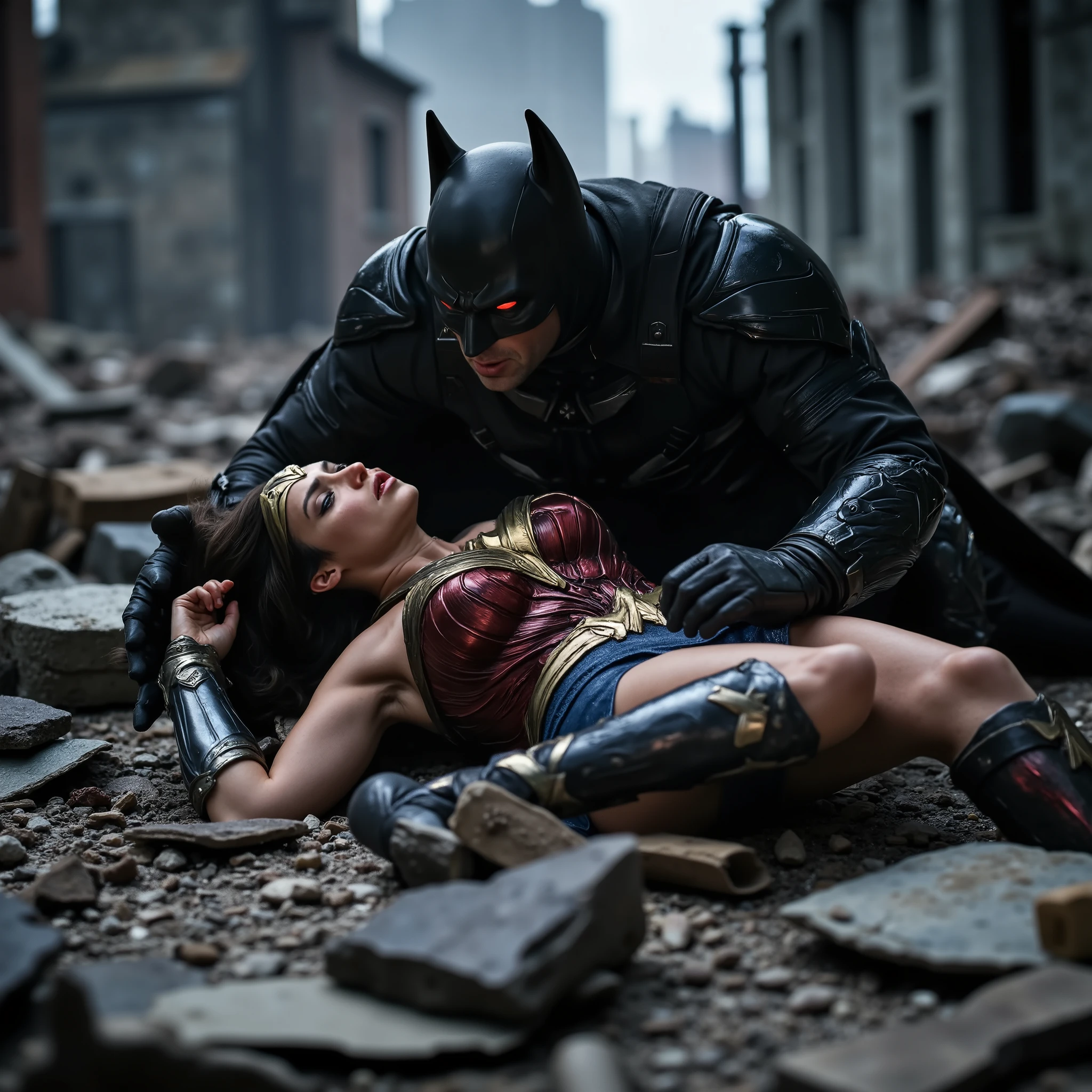 Wonder woman is laying down flat on the ruin, she is fighting with Batman and she is defeated, nervous, painful, eyes close, Batman is bending over her body, his eyes is red, red light on his eyes, whole body visible from head to feet, hyperrealism,