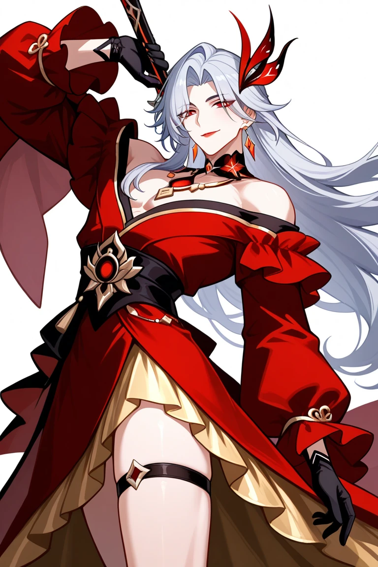 masterpiece, best quality, Freya has a beauty that is superior and outstanding even among the gods. She has long silver hair, purple eyes, and white skin like that of fresh snow. She has a perfect golden ratio, enough to think that the golden ratio originated from her. Her clothes are in large part black and red, they expose most of her stomach and breasts. She also wears two flower-like ornaments in her hair.