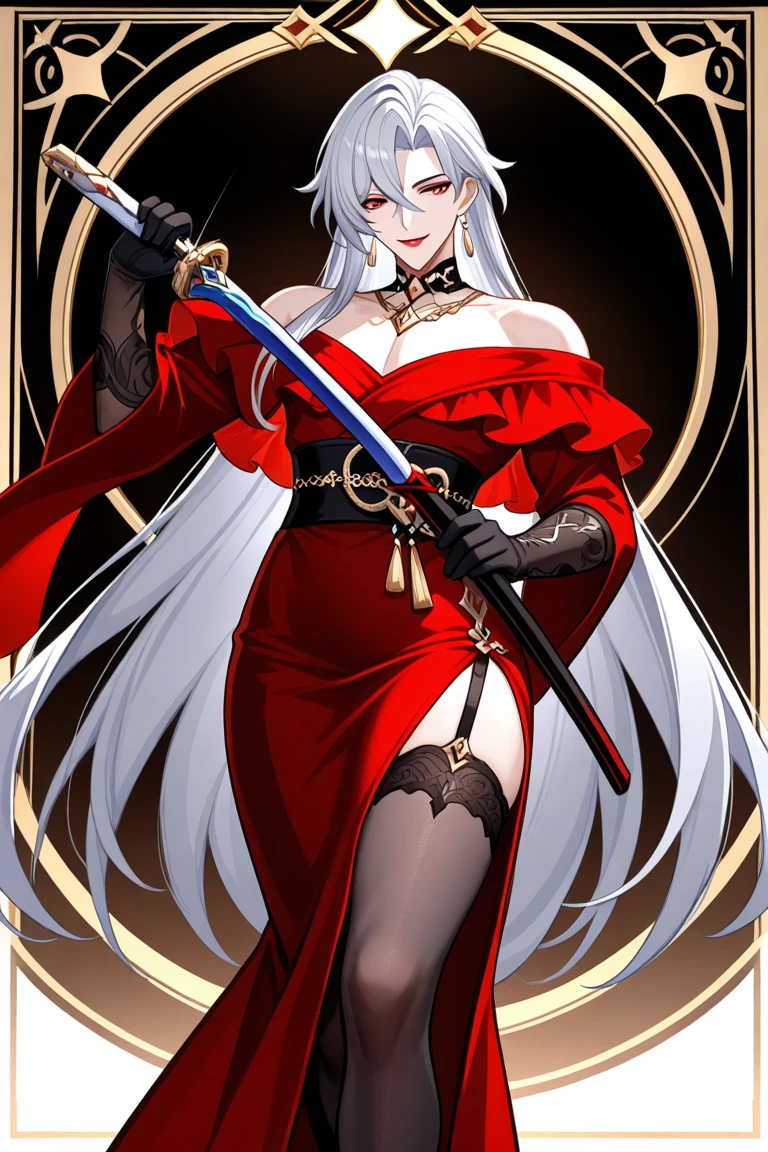 Torn red cheongsam,Broken black pantyhose,huge breasts,胸前Holes in clothes,Damaged clothes,Holes in clothes,Battle damage,Seriously injured,long white hair,Wipe the blood from the corner of your mouth with your hand,Weak,Gasping lightly,sideways,Half of your butt is exposed,Cell phone entangled in octopus tentacles,Entangled by octopus tentacles
