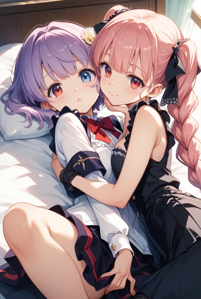 masterpiece, Highest quality, so beautiful, absurdists,High resolution,One girl, One boy,Cuddling in bed, like,sexly,Look at each one, blush,Age difference,bow tie,blondes,chest,Long Hair,Pink Hair,Tucked in shirt,short hair,skirt,Tent shirt,Slut,Big breasted sister and brother,Siblings,Trousers with bulging crotch,Pushing her big tits against her brother,My brother&#39;s penis erect in his trousers,My brother&#39;s small erect penis,((姉のHUGE breasts)),Sister crushes her big tits in her brother&#39;s face