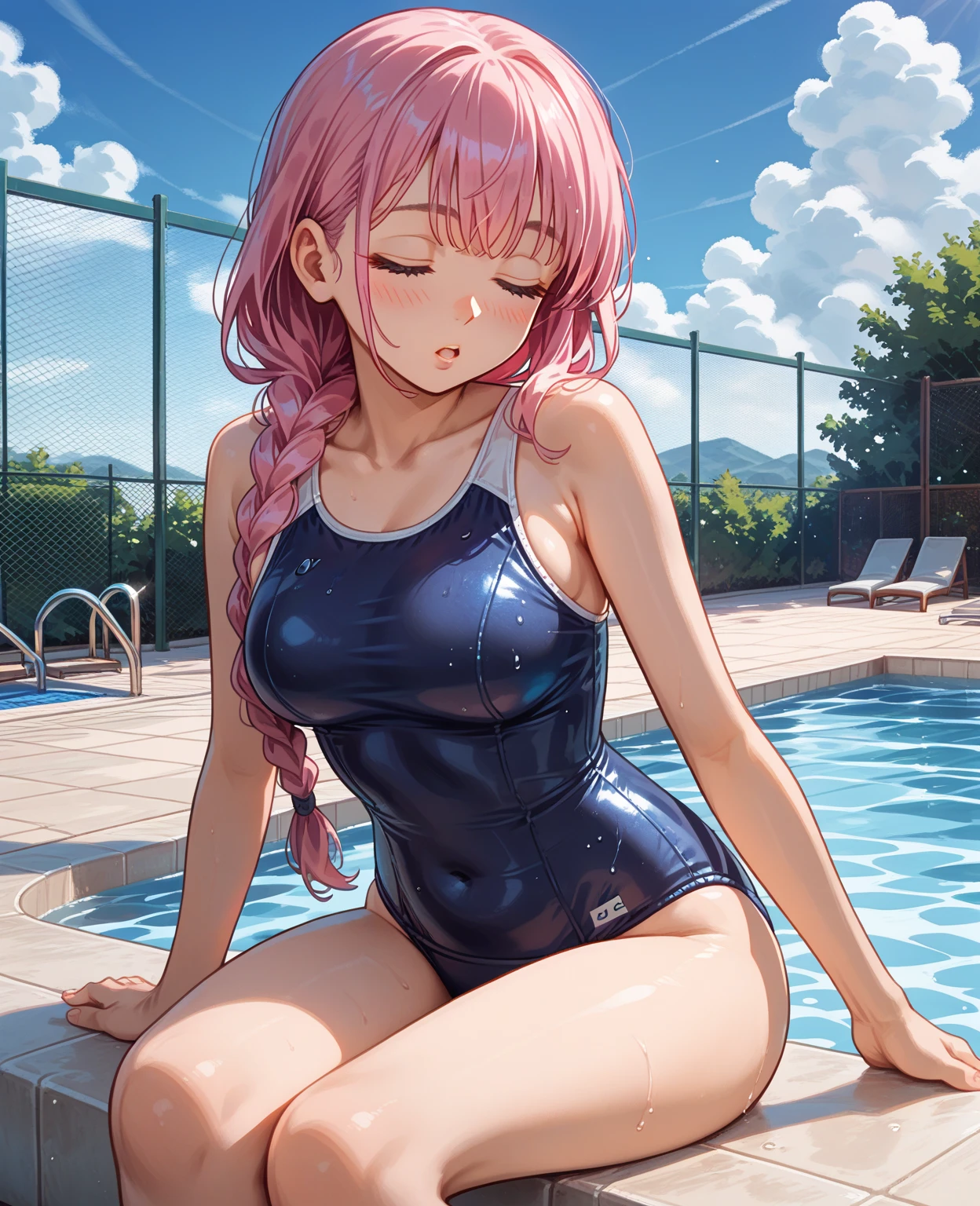 best quality, masterpiece, high quality, insanely detailed, nino nakano, one-piece swimsuit, breasts, pantyhose, blush, smile, in the swimming pool, legs spread