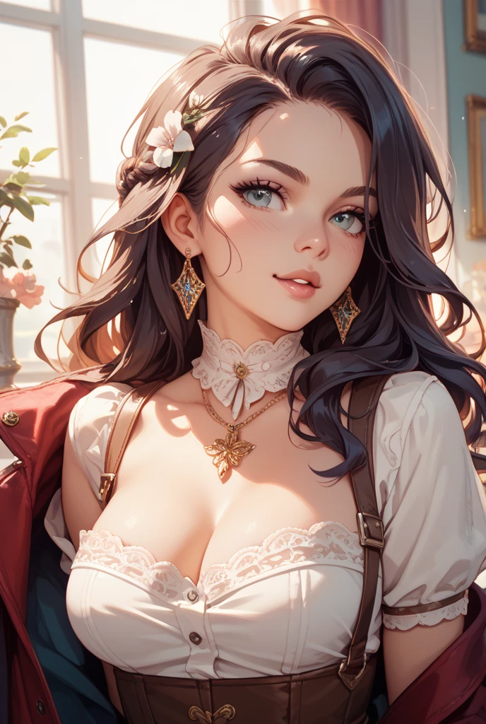 a beautiful detailed young girl with long black hair, pale skin, dark eyes, doll-like features, concerned expression, maid outfit, intricate details, cinematic lighting, vibrant colors, 8k, extremely detailed, photorealistic, masterpiece