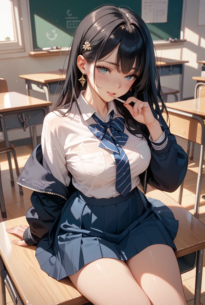 highest quality、cinematic lighting、black hair、sailor one piece、embarrassing、white panties、spread legs、sit and spread your legs、full of sweat、ecstatic expression、school classroom、