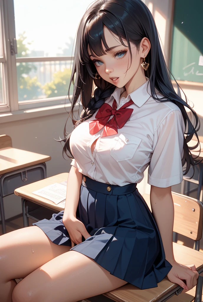 masterpiece, highest quality, One Girl, Thighs, beautiful girl, Flowers, たくさんの小さなflowerびら, flower、Small waist, RAWphotograph,Bright lighting、Face Light, Ultra-realistic, High resolution, photograph, Sharp focus, Highly detailed eyes and face,Symmetrical face, whole body、Large Breasts、Long Hair、チラリと見えるThighs、Emphasized cleavage、Red mini skirt、White high heels、White lace shirt、Brown cardigan、Big red ribbon、White sneakers、Red School Bag、Shooting from below、Morning Glow