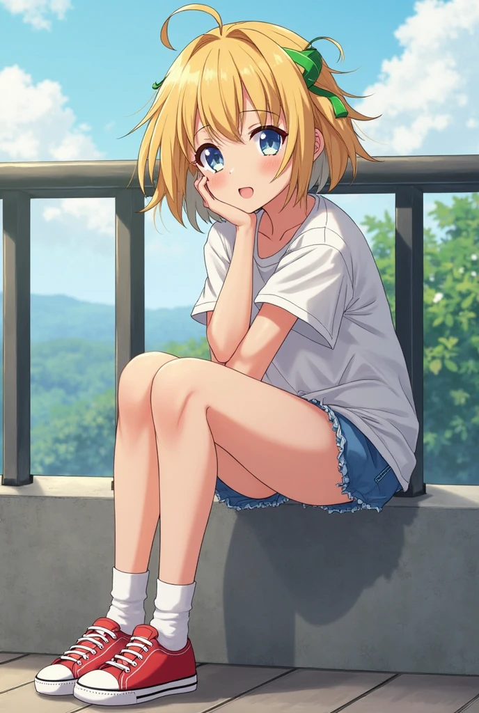 On a date、1 female,The perfect 25 years old,gal,((ideal ratio body proportions:1.4,small head:1.7)),tan skin,(((high quality anime, 8k,masterpiece,Perfect Anatomy))),cowboy shot,(beautiful detailed face and eyes,gorgeous eye:1.3), BREAK ,brown eyes, BREAK ,blonde hair,short bob hair,bangs, BREAK ,tears,shy,blush,small breasts,slender body,toned body,skinny,sweat, BREAK ,oversized white t-shirt,Long sleeve、Denim micro shorts、Stuffy crotch,black sports socks、White sneakers、 BREAK ,squatting,spread legs,garden、sunset、
