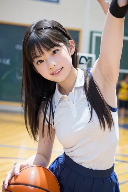 4k quality, masterpiece, detailed face, beautiful eyes , asuka tanaka, cheerleader uniform, smile, dark hair, blue eyes, medium breasts,glasses, sweaty armpits, armpits visible, detailed armpits