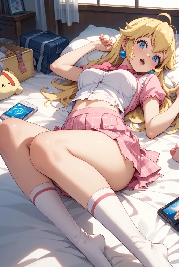 (Masterpiece, top quality, absolute resolution, real stick, realistic materials and textures, perfect anatomy), BREAK Subject: Photo girl Subtitle: Junior high school girls, thighs, small, cute, BREAK pink kawaii room , pink gothic room, messy room, Marchen, macarons, Candy, heart item, ribbon,star item, small window, (Miscellaneous goods are placed in a mess:1.3),dresser, antimacassar , , blond hair, topless, nakednde hair, blue eyes, flat chested