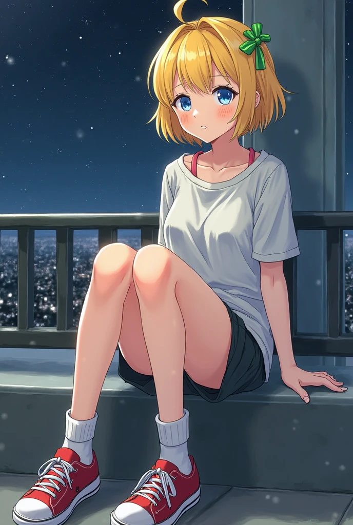 Women, ((Blonde)), ((Blue eyes)), ((Short hair)), ((Full shot)), very detailed makeup, pale pink lipstick, long earrings, sitting with her hands around her legs and her head on her knees, she is wearing a cotton top and a leather mini skirt, she is wearing high heels and she is sitting on a ladder, at night, the floor is wet