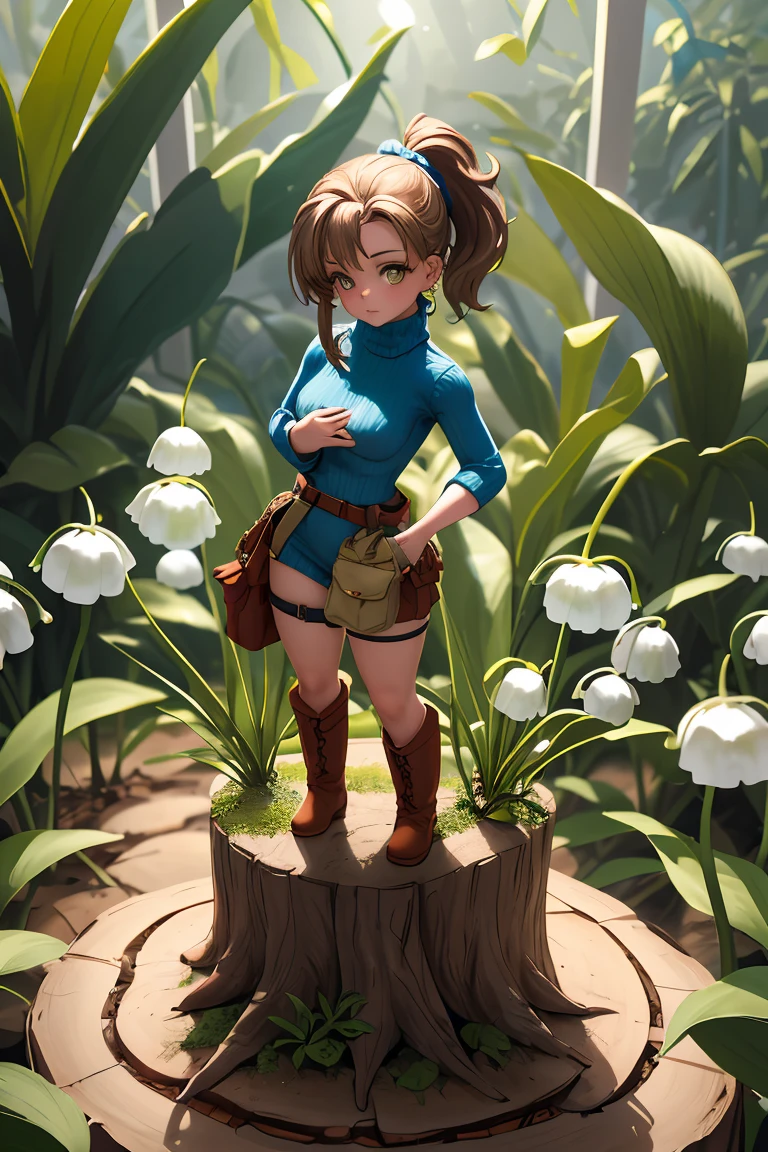 (a girl), (Kinessa from the game paladins), (tight shorts), (ass leg big and thick), (sexual and naked pose), (smiling), (With curves), (giant breasts), (uncensored), (In a forest)