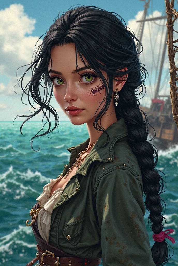 A youg mature beautiful women, light tan skin ,seagreen ocean's color eyes ,Asian shape eyes,long light curly hair , a silver purple blue shiny hair color,hair up in single braids with ocean crystal color beads a tall curvy warrior , wearing tight leather black red pants , silver leather knee high thick heel boots, silver shirt with black red corset, agold silver sword, gold silver arm bracelet, riding a ocean flying dragon