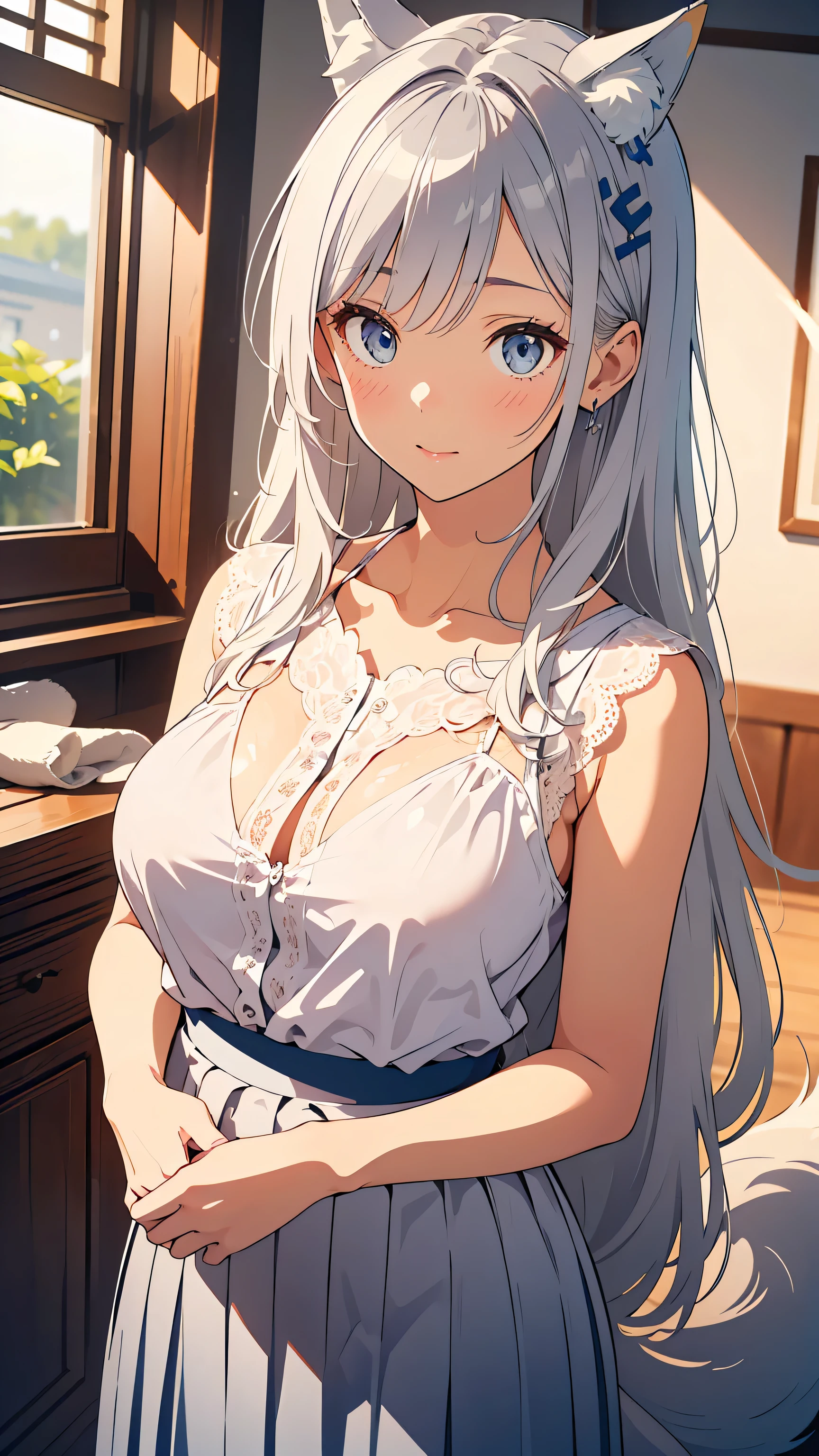 Anime Kawaii sexy Perfect Slim sensual body large breast and huge thighs, An intricate and highly detailed illustration of anime (Young girl) (work of art, best qualityer:1.2), (high resolution, 8k raw photo, photo realist, Focus Clear, weak contour:1.3), (cinematic lighting, temperamental, textile shading), ass pov, (standing alone:1.5), 1 MATURE WOMAN, 24 years old, (milf:1.5), ((NFSW:1.5, escape chest:1.3, sagging chest, big fit ass , cleavage on her breasts, sexually harass, in heat, showcasing)), ((beautiful bright eyes:1.3)), (sitting on a stool at the counter of a BAR, lying face down on the counter with your arms resting on the countertop, looking at the viewers, cocktail glass), Raised sexy, (little happy smile:1.3, embarrased), light purple mesh on silver hair, mid long hair, hair over one eye, asymmetrical hair, half tied hair, blue colored eyes, wearing sexy white dresses, long skirt with side slit, wearing a transparent green shawl around her shoulder, (Luxury detailed accessories, necklase, aretes, wristbands), bokeh, dynamic angle, leaning sideway:1.2, face up close:1.5, whole body, from low:1.2, (anatomical correct:1.6, Ideal Body Proportions Ratio, correct hand:1.5, Small hands), in one night, darkness room,