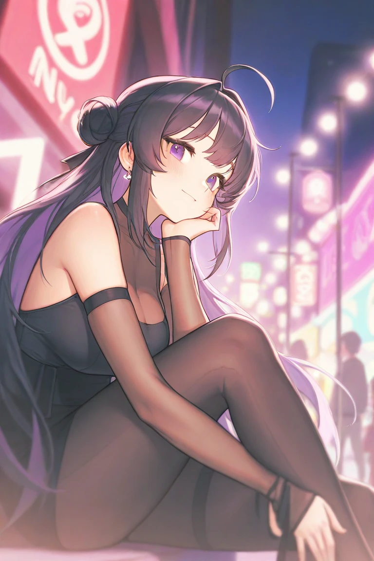 masterpiece, best quality, very aesthetic, absurdres, newest,1girl,naked_shirt, covered_nipples, ,sparkle_(honkai:_star_rail), honkai:_star_rail, honkai_(series), 1girl, black_hair, pink_eyes, eyeshadow, facial_mark, makeup, twintails, very_long_hair, jingle_bell, neck_bell,halterneck, fox_mask, mask_on_head,,,cityscape, leaf, moon, night, night_sky, outdoors, sky, skyscraper,