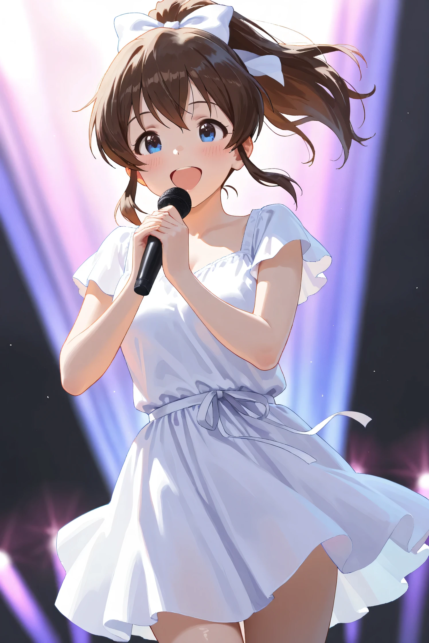 score_9,score_8_up,score_7_up,masterpiece,best quality, source anime, realistic, super detailed, extreme detailed, rating_safe,
1girl, solo, 22yo, short hair, bob cut, (blunt bangs), black hair, (tareme, detailed cute brown eyes), curled eyelashes, (large breasts:0.9), 
shiny hair, beautiful detailed eyes, beautiful face,
slender, small ass, slim legs,
sexy idol costume, singing, smile, Hand Microphone, cowboy shot,
idol stage, cool lighting, spot light, audience,