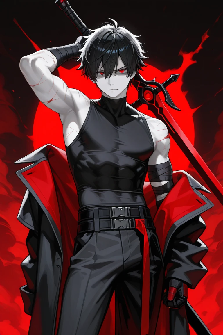 (((full height,masterpiece,best quality,1boy,male focus,looking at viewer,solo,closed mouth,,muscular,muscle,swordsman,katana,red facial tattoo,demon slayer marking)))
((dark black hair,short messy hair,crimson eyes,perfect eyes,glowing eyes,bright eyes,perfect face)),calm demeanor,(((modern clothing,black cloak,shirtless,black jogger pants,white jordans))),(dark skin color,standing still,caramel skin color),
((street level background,noon,clear sky,buildings,street,clouds,afternoon))
