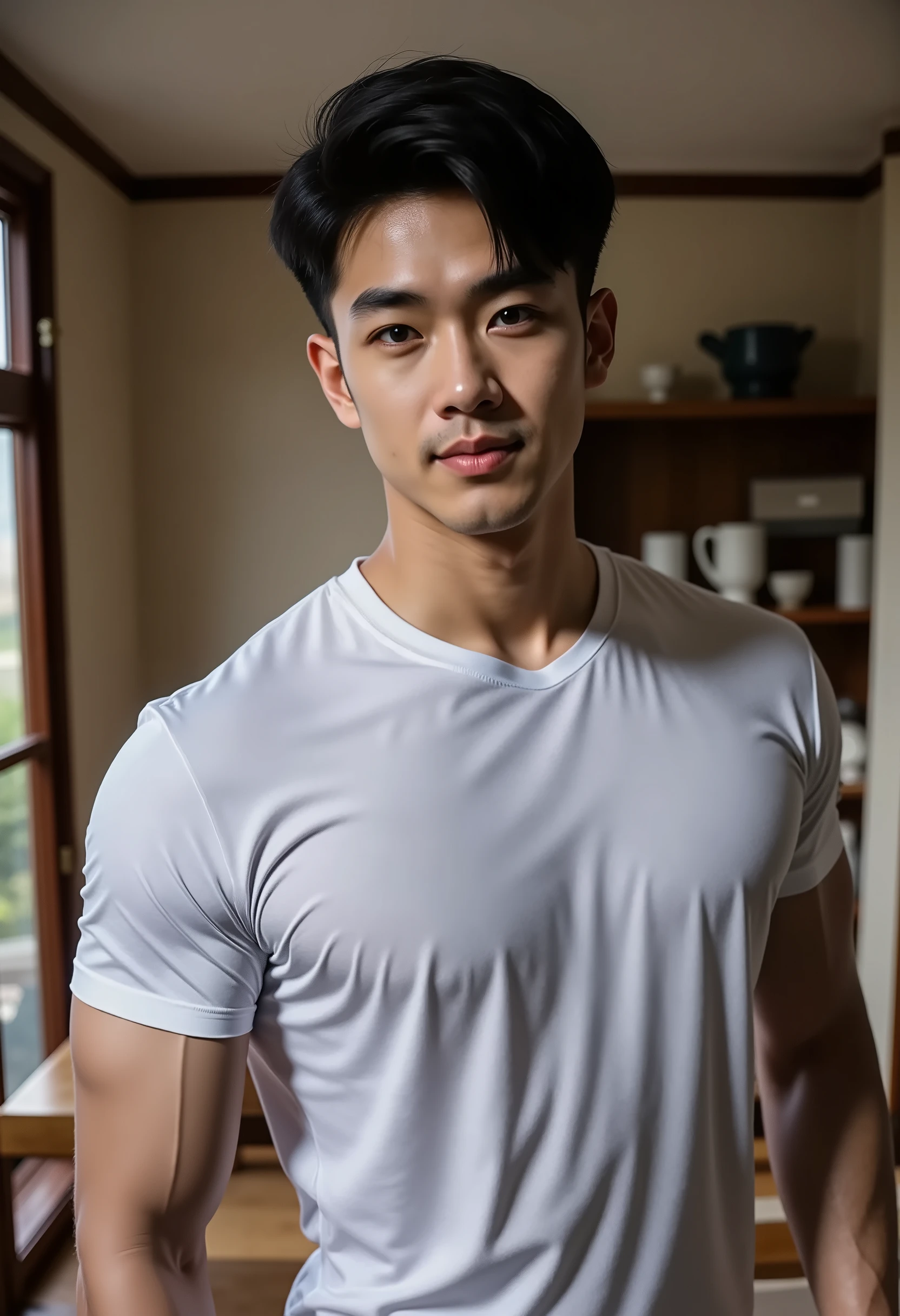 The facial features of the photo match the original photo, Clearly identify yourself, there is a man taking a full-body photo, arms crossed on his chest, 8k selfie, Southeast Asian with round face , David Luong, Bao Pham, 40 years old, no beard,