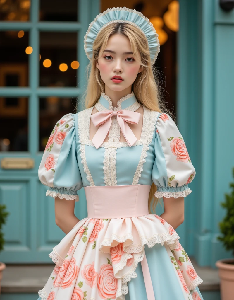 a close up of a in a pink dress, lovely languid princess, long dress with apron, fantasy dress, magical dress, dress in the style of rococo, flowing magical robe, princess girl, wearing a pink ballroom gown, pink romantic tutu, wearing pink romantic tutu, in long pink or violet dresses, flowing magical flesh robe, portrait of fairy princess