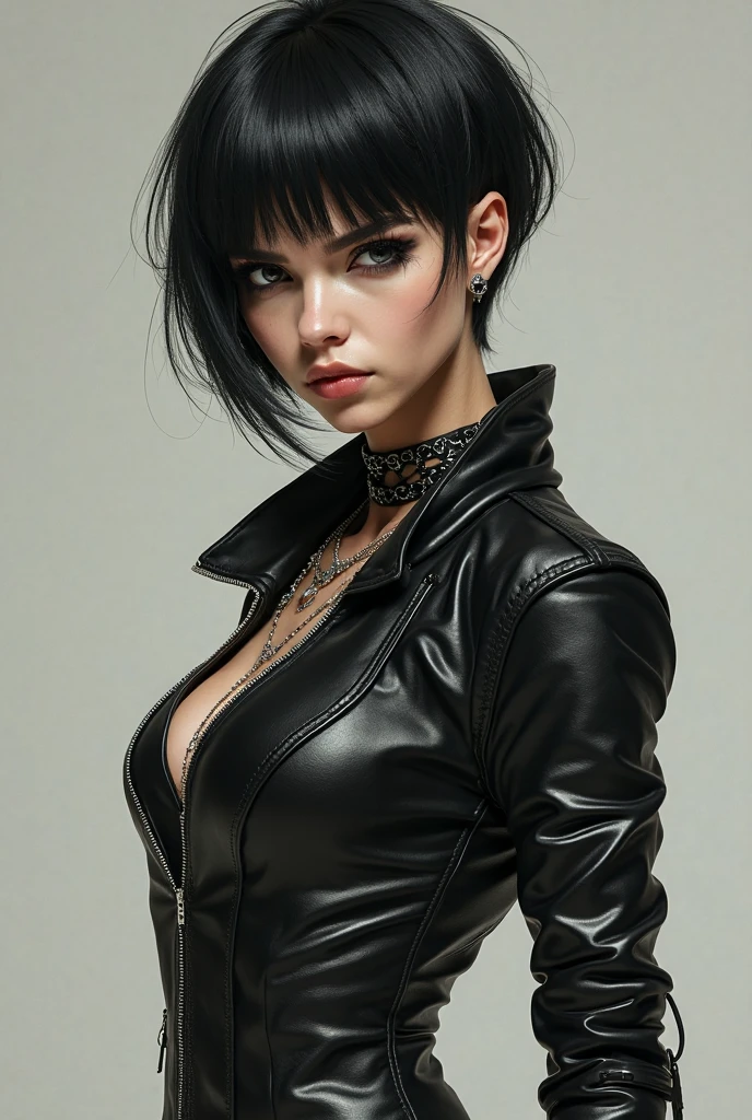 Gorgeous european steampunk woman with very short straight hair, short hair, wet hair, hair slicked back, combed straight back, slick hair, black to blonde gradient mixed hair, wearing a leather micro bikini, solid dark black background