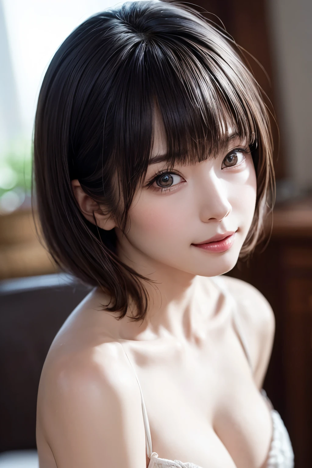 masterpiece、highest quality、High resolution、table top、wallpaper、realistic、bright lighting、professional lighting、face light、smooth lighting、japanese woman、adult、Beautiful woman、action、gravure、sexy、poor、super beautiful、beautiful skin、beautiful and detailed eyes、detailed face、slim、moderately、short hair、brunette colored hair、brown eyes、look at the camera、big breasts、cleavage