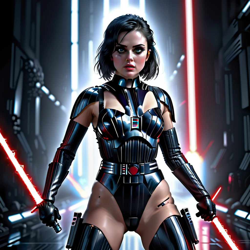 (Anime Line Art) A sexy Sith Warlord (alien, big breasts, fierce body tattoos, small fighting costume, looks unhinged, wielding a red light saber) is dueling with a Jedi woman (big butt, small breasts, sailor school outfit with scifi gadgets, short hair, big eyes, calm and composed, masterfully deflecting the sith attacker), set in a sci-fi high technology building
