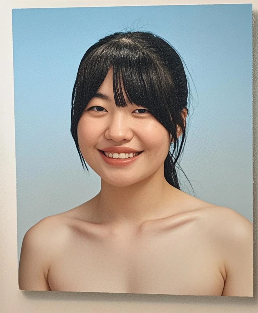 ((No clothes))、Completely ?????、Slender body、、Flat Chest、Glowing Skin、Fine skin、A little smile、Japanese Girls、From below、Full Body Shot、Ponytail with barrette、21 years old