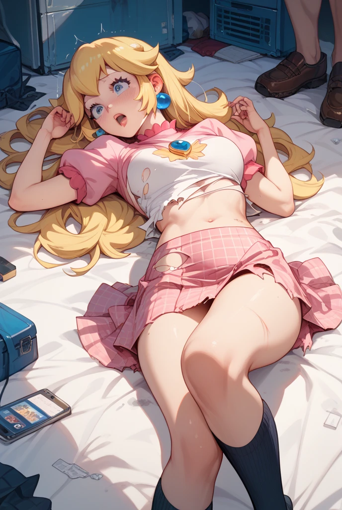 Alien Monster pees on tied up princess Peach lying on the grass, wet clothes